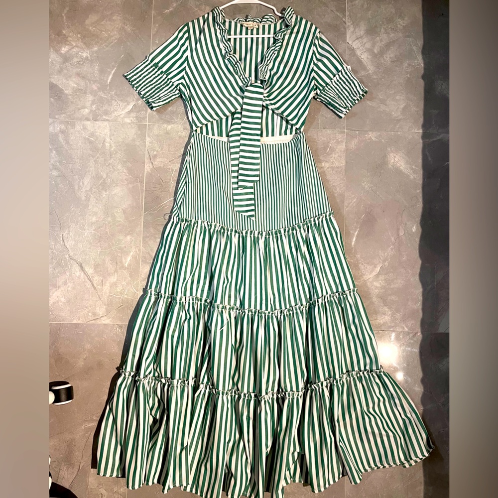 Drop Waist Green dress with green stripes.